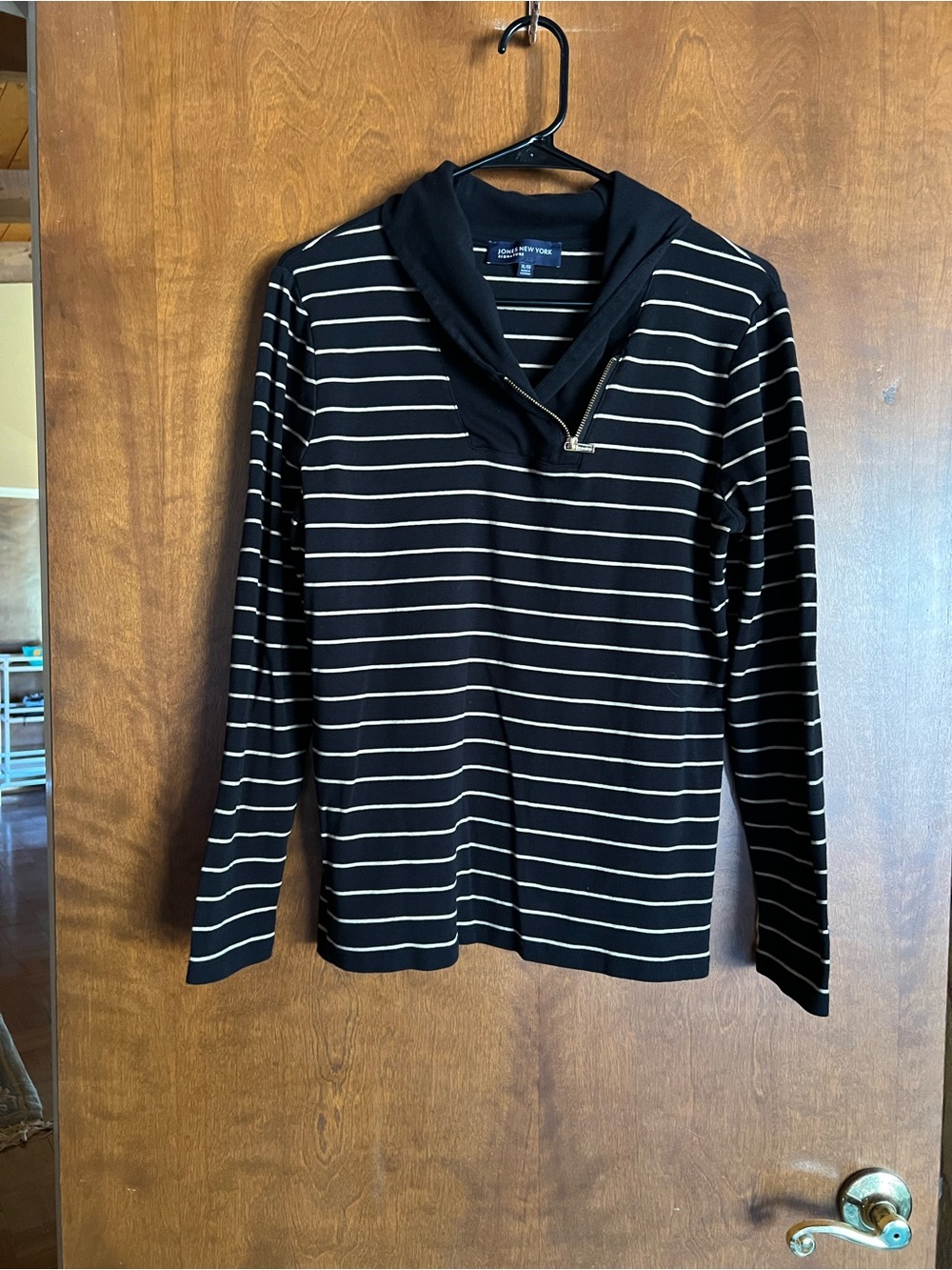 Jones New York Black & Cream Striped Zip Shawl Sweater